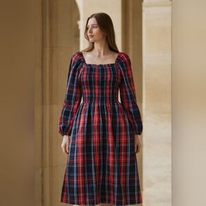 Draper James RSVP Dress Plaid Red Blue Yellow Pockets Size Med. Midi Smocked